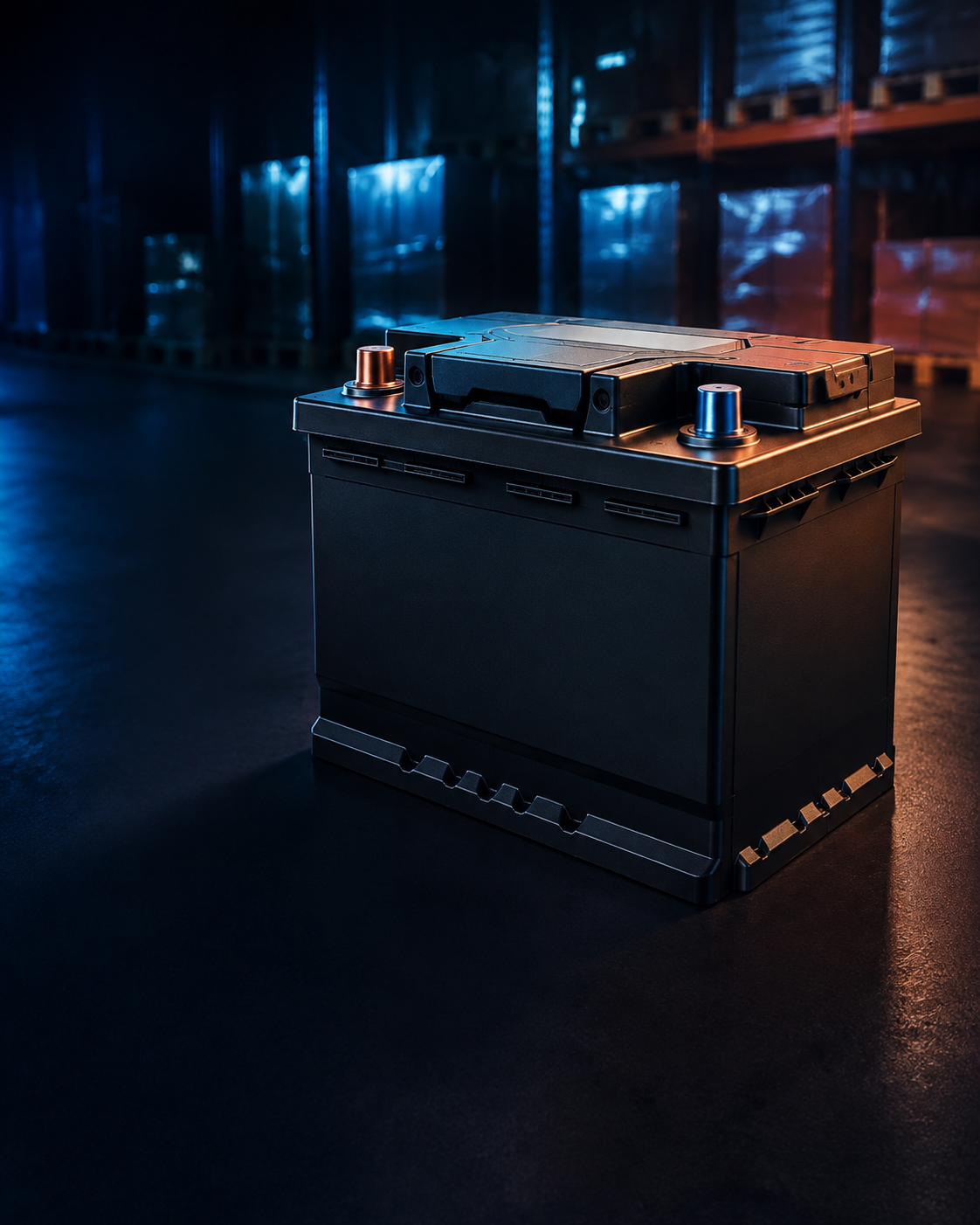 Automotive battery in a modern warehouse