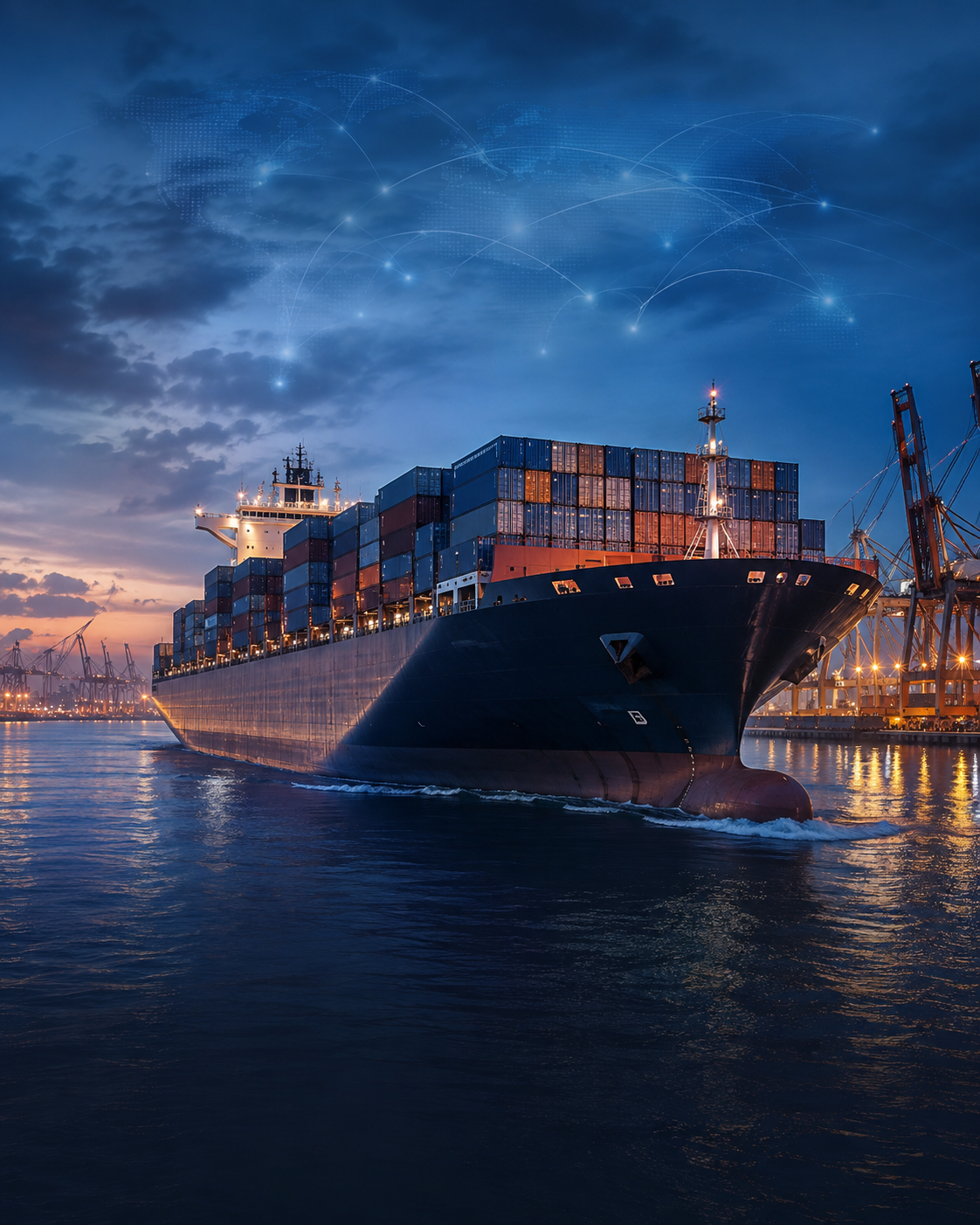 Container ship moving through an international port