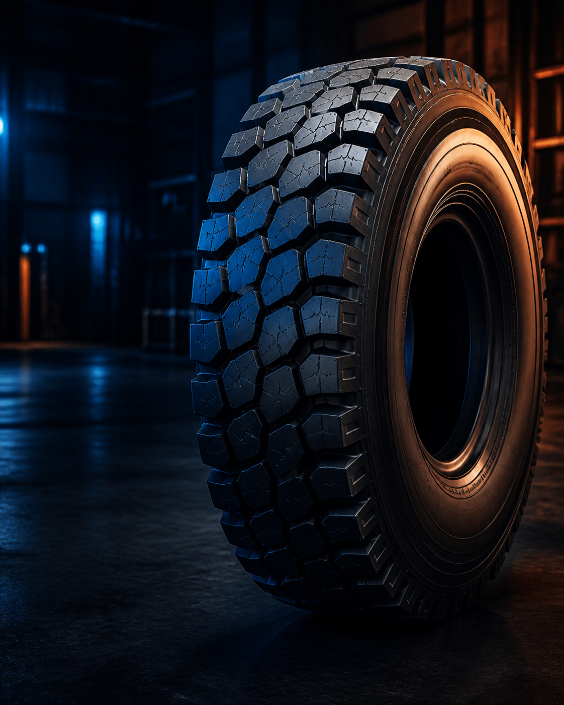 Commercial all-terrain tire in a dark logistics warehouse